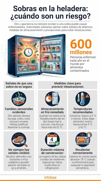 Infografía con una heladera abierta, gérmenes ilustrados, la cifra 600 millones y seis recuadros con recomendaciones sobre comida.