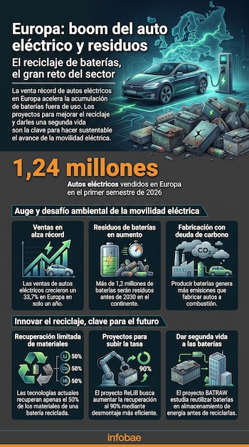 Infografía: auto eléctrico cargando, mapa de Europa, pila de baterías de vehículos, gráficos e información sobre ventas y reciclaje.