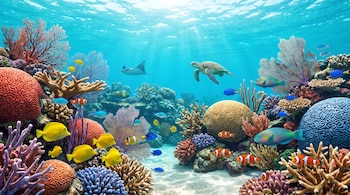 Un arrecife submarino con corales rojos, azules, naranjas, peces de colores, una tortuga marina, una mantarraya y luz solar atravesando el agua.