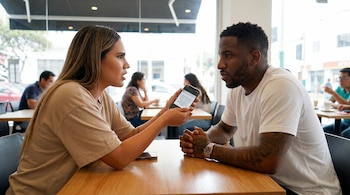 Darinka Ramírez, con cabello largo y blusa beige, muestra la pantalla de su smartphone a Jefferson Farfán, quien la mira atento. Ambos sentados en una mesa de madera en una cafetería.