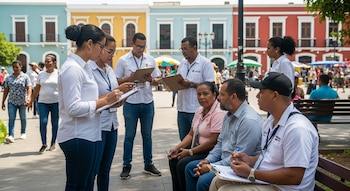 Ocho personas en una plaza pública, algunas sostienen portapapeles y bolígrafos. Dos personas sentadas en un banco. Edificios de colores en el fondo.