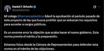 Daniel Briceño, representante a la Cámara por el Centro Democrático, rechazó la objeción del Gobierno de Abelardo De la Espriella a la ley sobre requisitos para acceder a cargos públicos - crédito Daniel Briceño/X