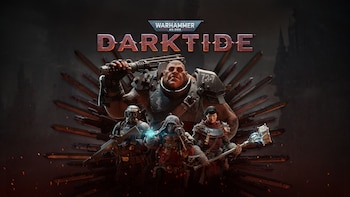 Cuatro personajes de Warhammer 40,000: Darktide posando frente al logo del juego sobre un fondo oscuro. Se ven un ogryn, un soldado, un psíquico y una fanática