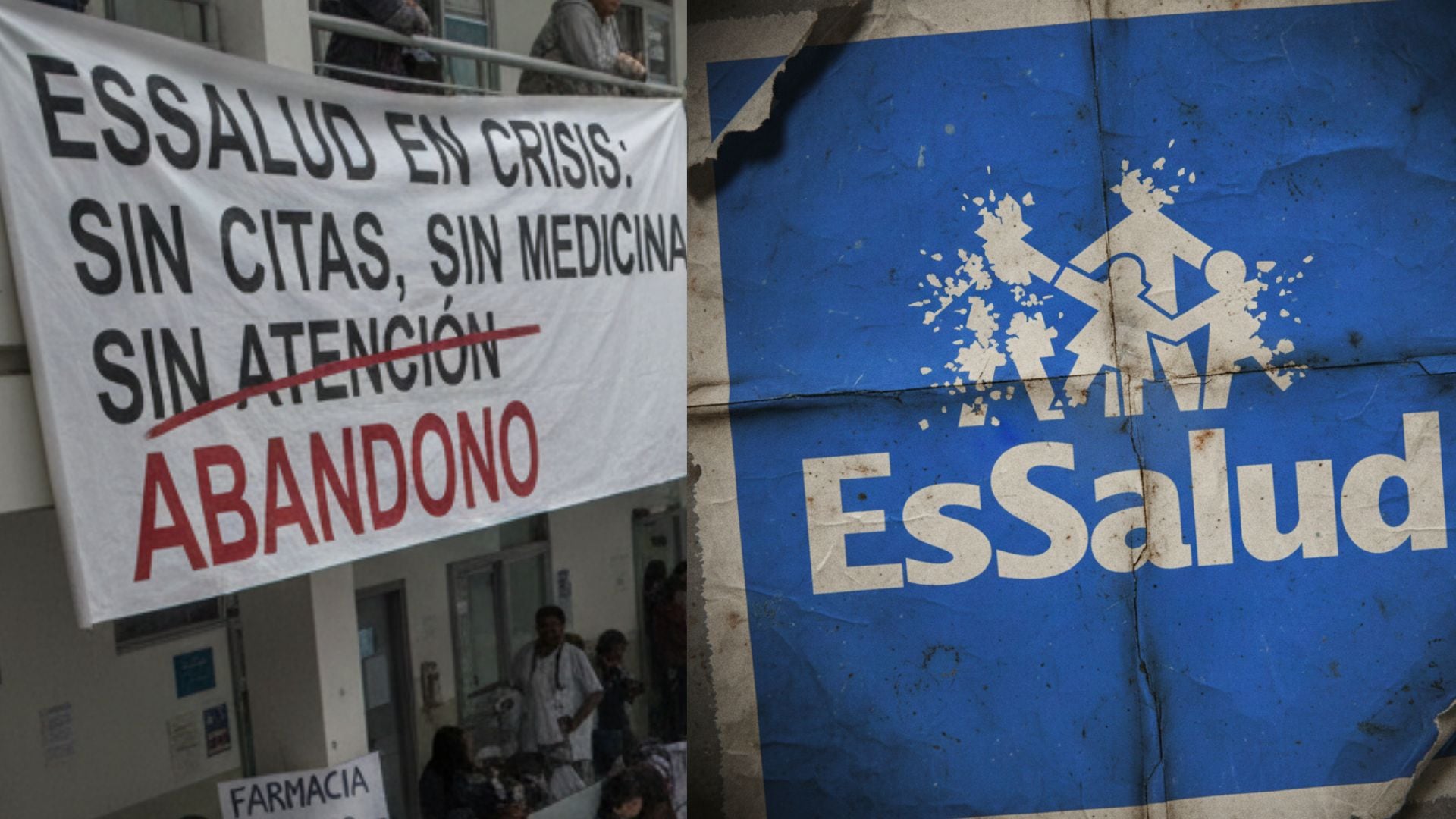 Pacientes protestan por la crítica situación en EsSalud, denunciando la falta de citas, desabastecimiento de medicinas y abandono, junto a un logo deteriorado de la institución (VisualesIA)