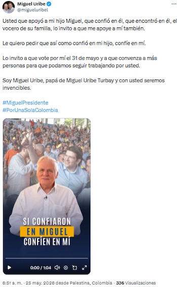El padre de Miguel Uribe Turbay solicitó respaldo electoral y prometió continuar el legado - crédito @migueluribel/X