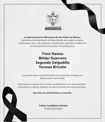 Las víctimas, originarias de San Pablo de Borbur, Boyacá, recibieron homenajes y condolencias por parte de autoridades locales y toda la comunidad minera - crédito Alcaldía de San Pablo de Borbur