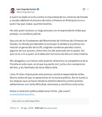 Iván Cepeda y su respuesta a Carolina Corcho