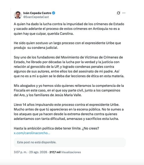 Con este mensaje en X, el senador Iván Cepeda le respondió a su compañera de bancada, Carolina Corcho, por las críticas por lo que sería, según ela, un acuerdo con el expresidente Álvaro Uribe - crédito @IvanCepedaCast/X