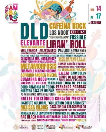 Cartel promocional con una ilustración superior de una figura tocando música, fechas del 14 al 17 de octubre y una lista de artistas y eventos