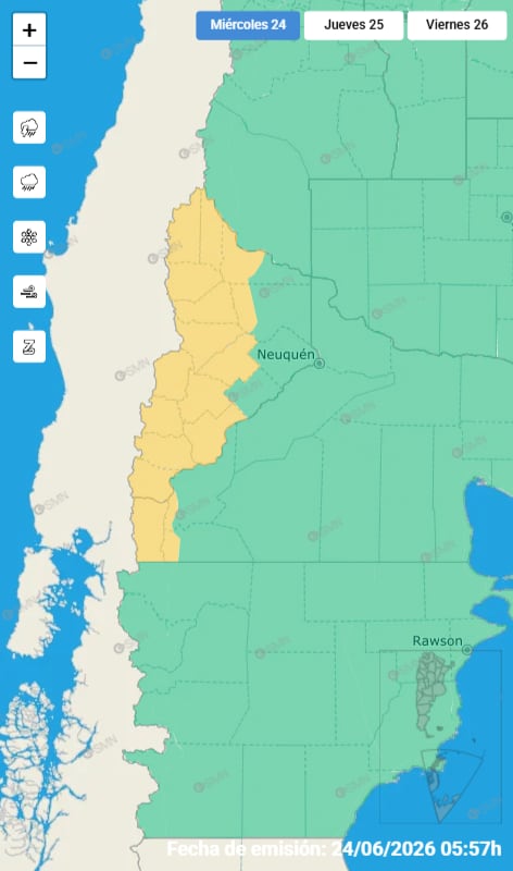 Un mapa meteorológico del Servicio Meteorológico Nacional indica zonas de alerta por nevadas y vientos fuertes en el oeste argentino.