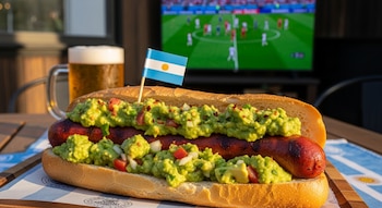 Primer plano de un choripán con abundante guacamole y trozos de tomate, con una bandera argentina. Al fondo, una cerveza y un partido de fútbol en TV.