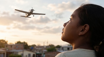 Perfil de una niña que mira hacia el cielo mientras una pequeña avioneta vuela sobre varias casas al atardecer.
