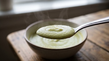 Primer plano extremo de una cuchara llena de sopa cremosa de brócoli y manzana verde con vapor, sobre un plato hondo desenfocado en una mesa de madera.