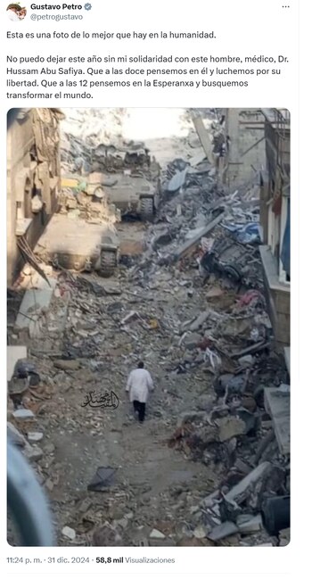 Trino de Petro sobre el médico palestino Husam Abu Safiya, que fue capturado por las autoridades israelíes que lo señalan de ser un agente de Hamas. (Crédito: @petrogustavo / X)