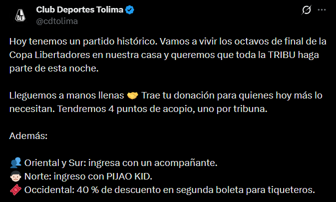 Tolima anunció nueva campaña de donaciones para las víctimas del terremoto en el partido por Copa Libertadores - crédito @cdtolima/X