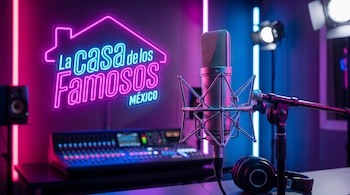 Micrófono de condensador sobre soporte, auriculares, consola de mezcla con luces LED y un letrero de neón "La casa de los famosos México" en magenta y azul.