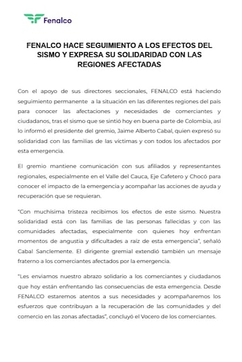 Fenalco dice que acompaña a las seccionales ante el terremoto - crédito Fenalco