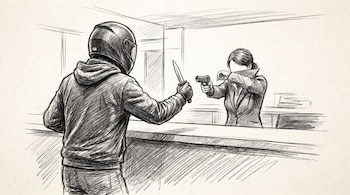 Ilustración de un hombre con casco y capucha empuñando un cuchillo frente a una mujer detrás de un mostrador, quien apunta con una pistola.