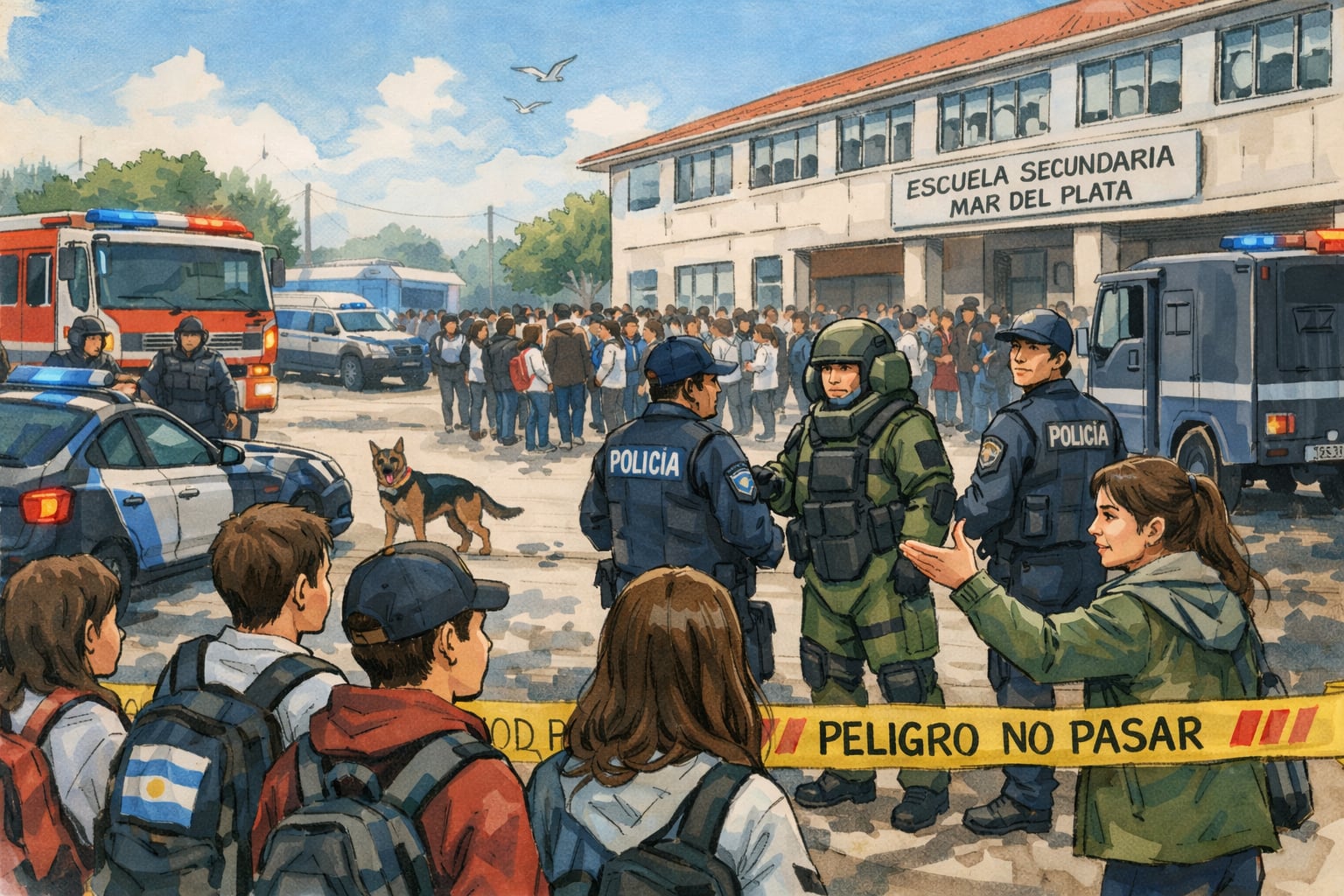 Estudiantes y personal en una escuela de Mar del Plata son evacuados, mientras fuerzas de seguridad inspeccionan el lugar tras una amenaza de bomba falsa (Imagen Ilustrativa Infobae)