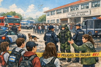 Ilustración de una evacuación escolar con estudiantes, docentes, policías, un bombero, una unidad antiexplosivos y un perro policía, frente a una escuela secundaria.