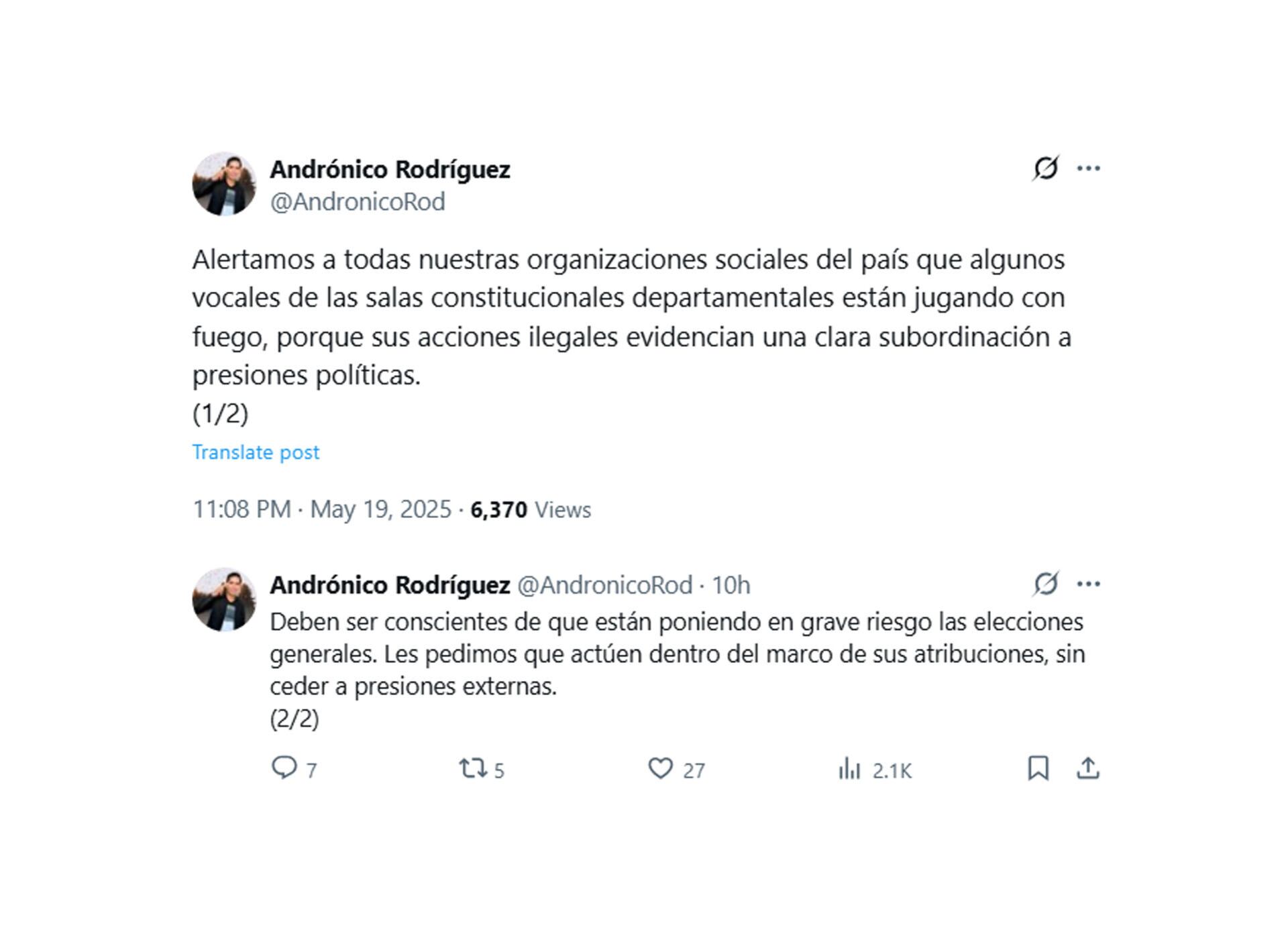 Los mensajes de Andrónico Rodríguez en X