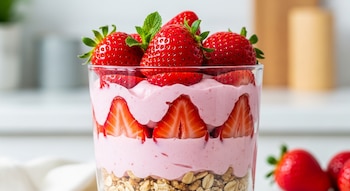 Vaso con capas de fresas en rodajas, crema rosa y granola, decorado con fresas enteras y hojas de menta sobre una mesa blanca.