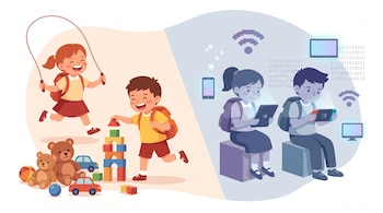 Ilustración dividida diagonalmente: a la izquierda, niños juegan con cuerda y bloques, junto a osos de peluche; a la derecha, niños miran pantallas digitales.