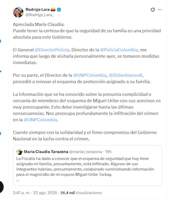 El ministro Rodrigo Lara aseguró que la seguridad de la familia de Miguel Uribe es una prioridad para el Gobierno nacional - crédito @Rodrigo_Lara_/X