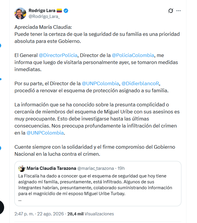 El ministro Rodrigo Lara aseguró que la seguridad de la familia de Miguel Uribe es una prioridad para el Gobierno nacional - crédito @Rodrigo_Lara_/X