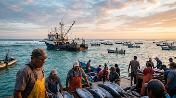 Pescadores descargan pescado en un muelle. Una embarcación industrial y varias lanchas artesanales navegan en el mar con cielo nublado al amanecer.