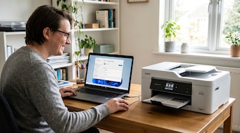 Un hombre con gafas sonríe mientras usa una laptop HP con Windows 11 abierta en la configuración de impresoras, junto a una impresora Brother blanca imprimiendo documentos.