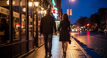 Una pareja de espaldas camina de la mano por una acera mojada de noche, junto a un edificio con ventanas iluminadas y carteles, y una calle con vehículos.