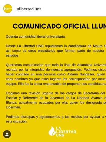 El comunicado oficial de la agrupación libertaria