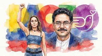 Retrato de Iván Cepeda y figura de mujer con puño en alto. Fondo de acuarela con colores amarillo, azul y rojo, y un logo de pájaro estilizado.