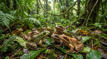 Varias ranas agrupadas, algunas verdes y otras marrones, posan sobre hojas y musgo en el suelo de una selva densa.