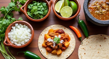 Un taco de guisado, tortillas, cilantro, cebolla picada, limones, salsa en molcajete, chiles jalapeños y chile naranja sobre una mesa de madera.