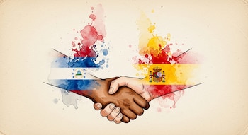 Dos manos, una morena y otra clara, se estrechan. Banderas de Honduras y España emergen de ellas en acuarela, con colores disueltos y salpicaduras.