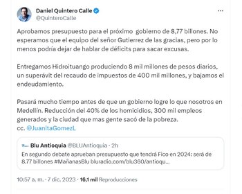 Daniel Quintero asegura que el