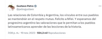 Gustavo Petro felicita a Milei