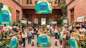 Puestos de venta con plantas, orquídeas y macetas de colores en un patio de ladrillo, con visitantes, perros y carteles del evento Plant Fest.