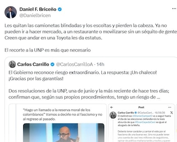 El congresista Daniel Briceño respaldó el recorte de los esquemas de seguridad de la Unidad Nacional de Protección (UNP) y cuestionó la reacción de exfuncionarios como Carlos Carrillo - crédito @Danielbricen/X