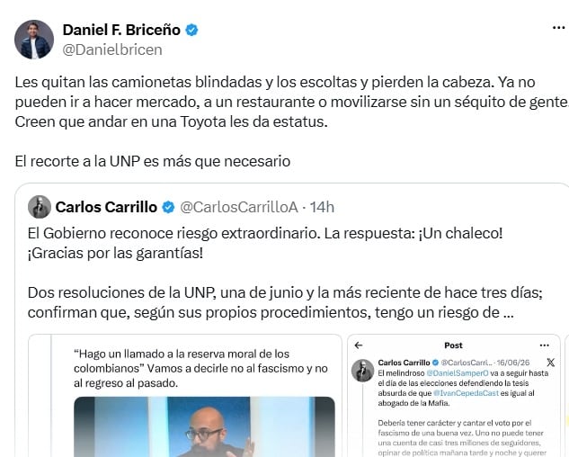 El congresista Daniel Briceño respaldó el recorte de los esquemas de seguridad de la Unidad Nacional de Protección (UNP) y cuestionó la reacción de exfuncionarios como Carlos Carrillo - crédito @Danielbricen/X
