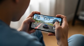 Un joven sostiene un teléfono