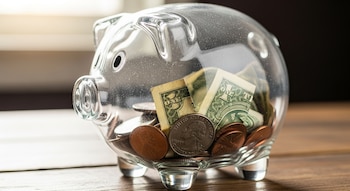 Primer plano de una alcancía de cerdito transparente con algunas monedas y billetes de dólar estadounidenses en su interior, sobre una superficie de madera.