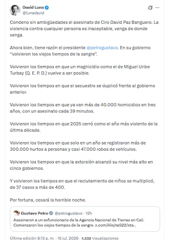 David Luna aseguró que el presidente Petro lamenta algunos hechos violentos, pero guarda silencio frente a otros de alto impacto - crédito @lunadavid/X