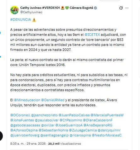 La congresista Catherine Juvinao advirtió sobre presuntos direccionamientos en la adjudicación de un contrato del Icetex - créditp @CathyJuvinao/X