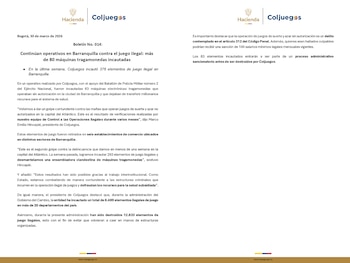 El operativo conjunto en Barranquilla representa un avance contra el juego ilegal que afecta los recursos destinados al sistema de salud - crédito prensa Coljuegos