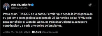 Daniel Briceño aseguró que una eventual negociación sobre la salida de generales de las Fuerzas Militares constituiría una "traición a la patria" - crédito Daniel Briceño/X