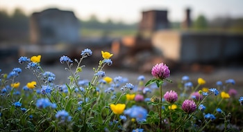 Primer plano de nomeolvides azules, ranúnculos amarillos y tréboles morados en foco, con un fondo desenfocado que muestra hormigón, ladrillos y estructuras industriales.