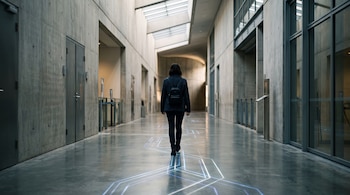 Persona vista de espaldas caminando por un pasillo de concreto con líneas de luz azul dibujadas sobre el suelo.